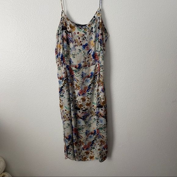 Zara Basic White & Multicolor Floral Satin Spaghetti Strap Midi Slip Dress - Picture 5 of 14
